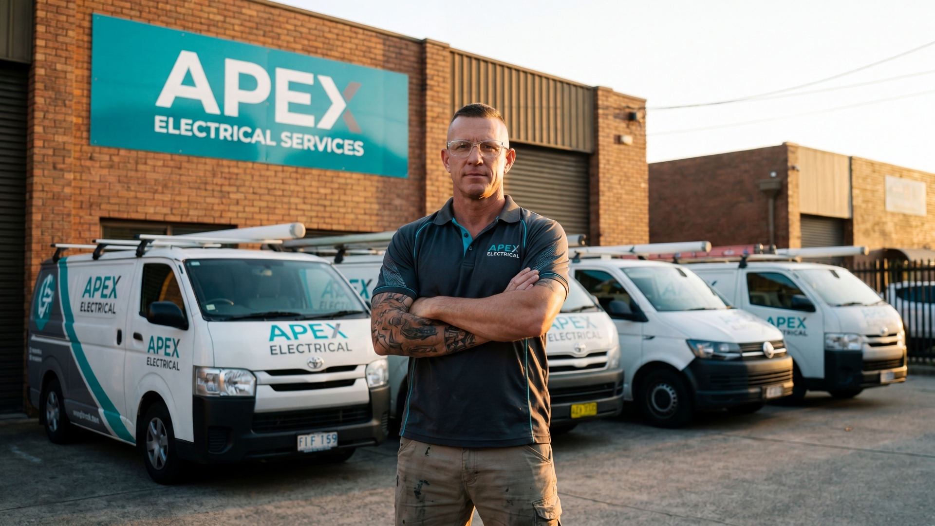 The owner of Apex Electrical standing in front of his branded work vans