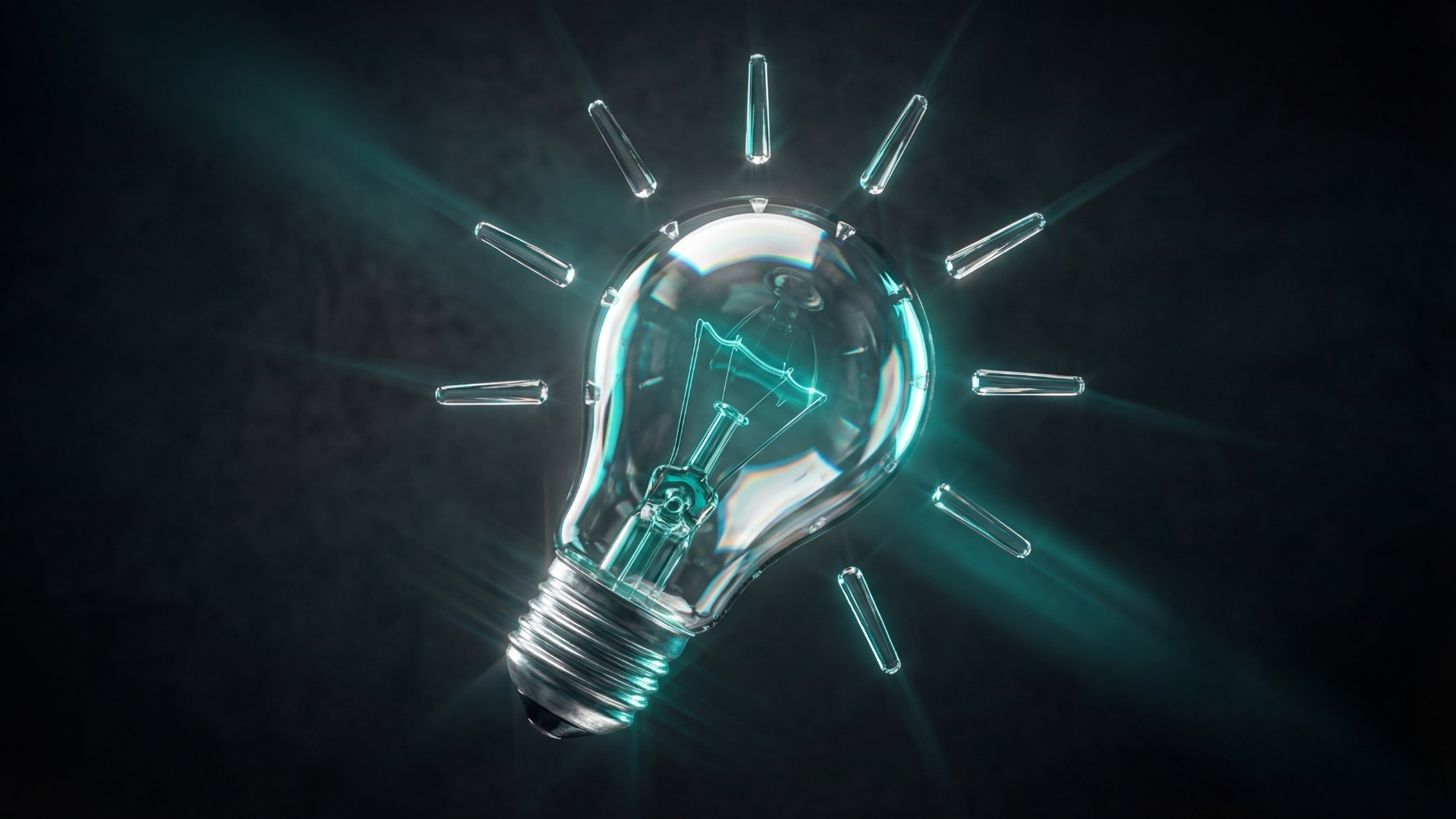 A glowing teal lightbulb radiating light against a dark background