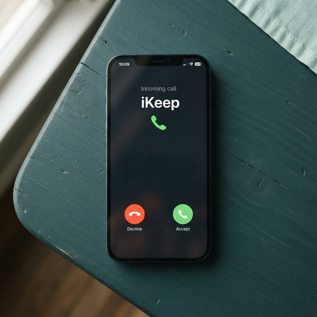 A smartphone lying on a desk, lit up with an incoming call from iKeep
