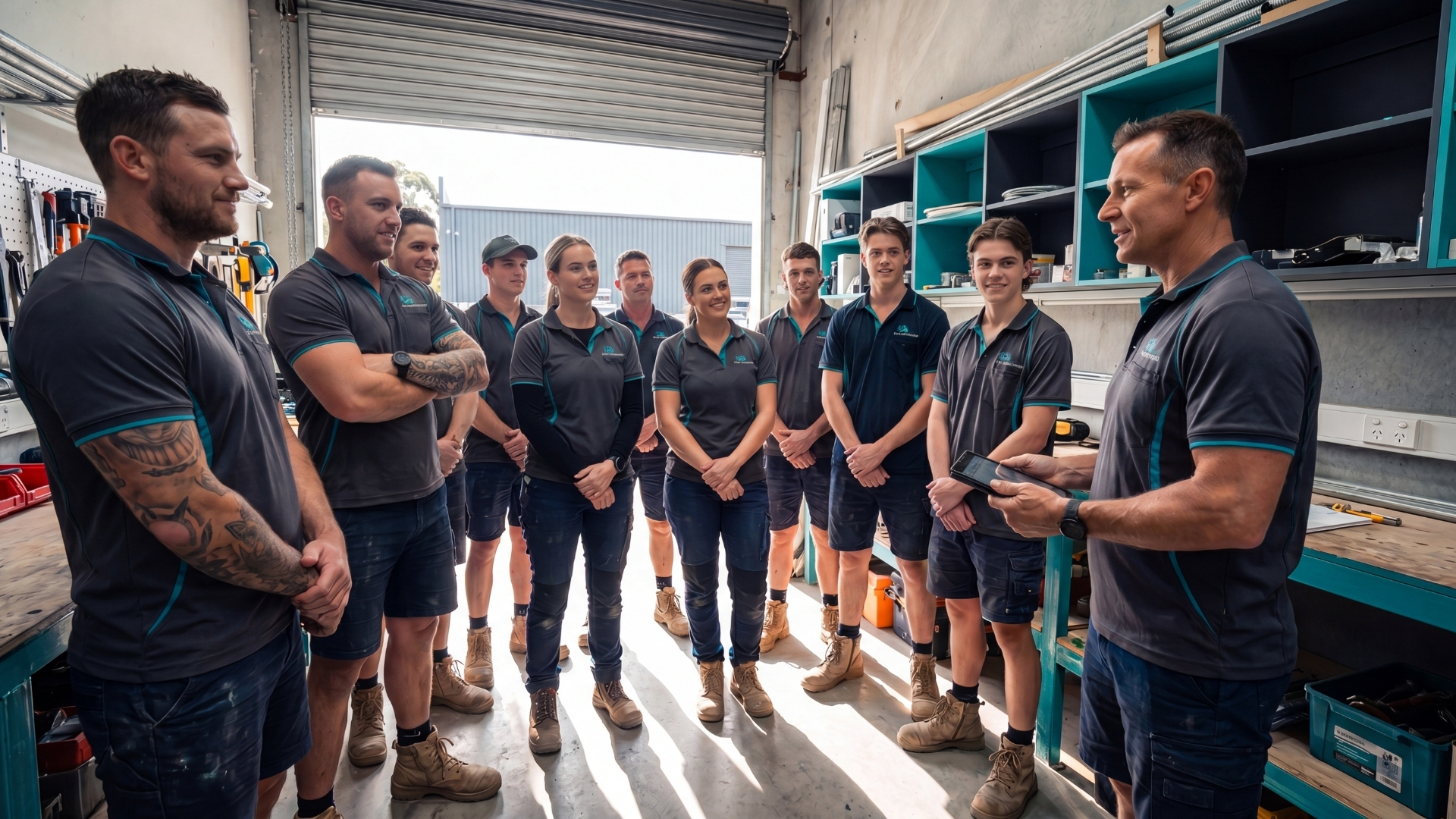 An Australian trades team gathered in their workshop reviewing the week's numbers together
