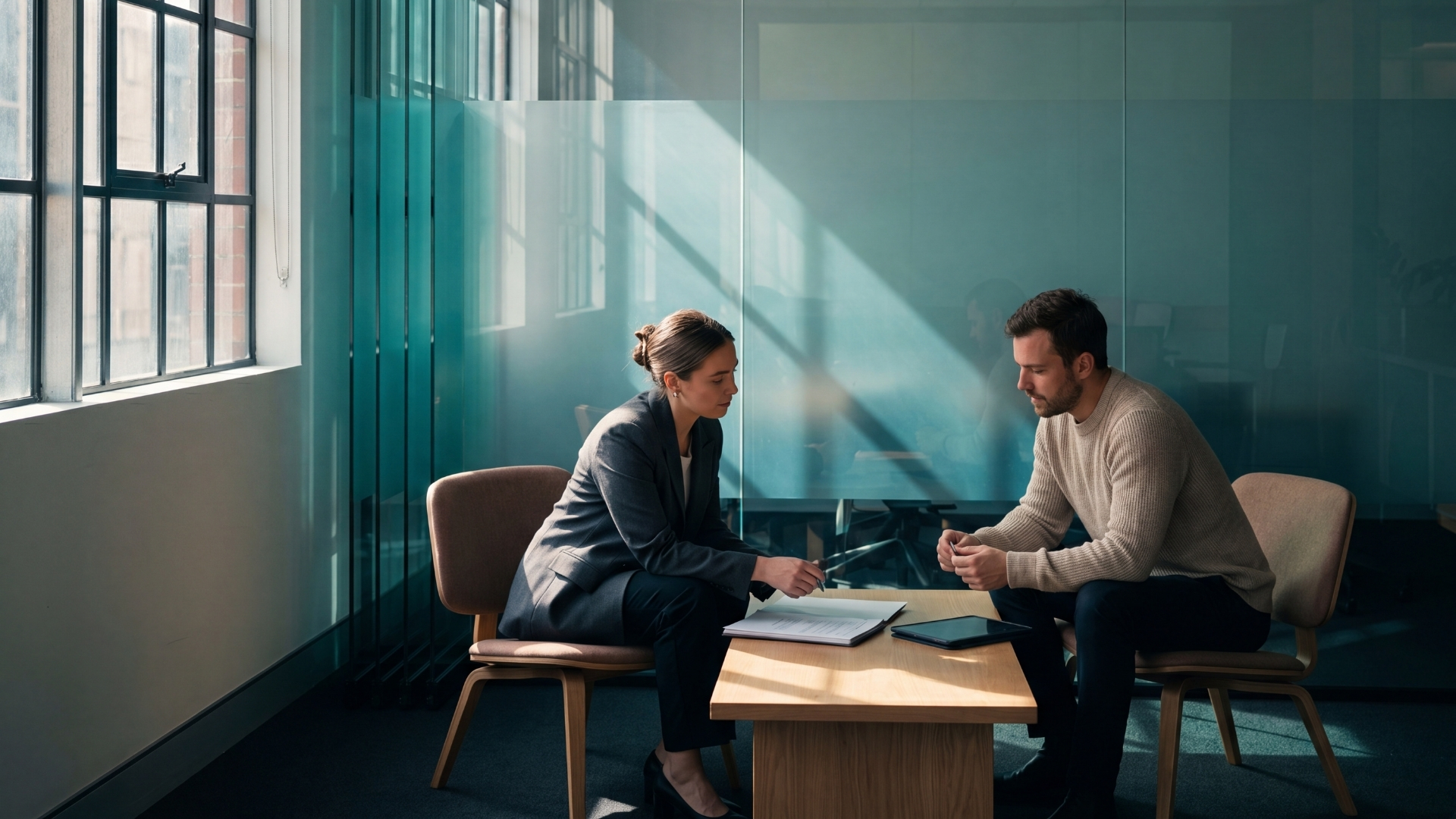 A chartered accountant reviewing financial documents with a business owner across a table in a sunlit office