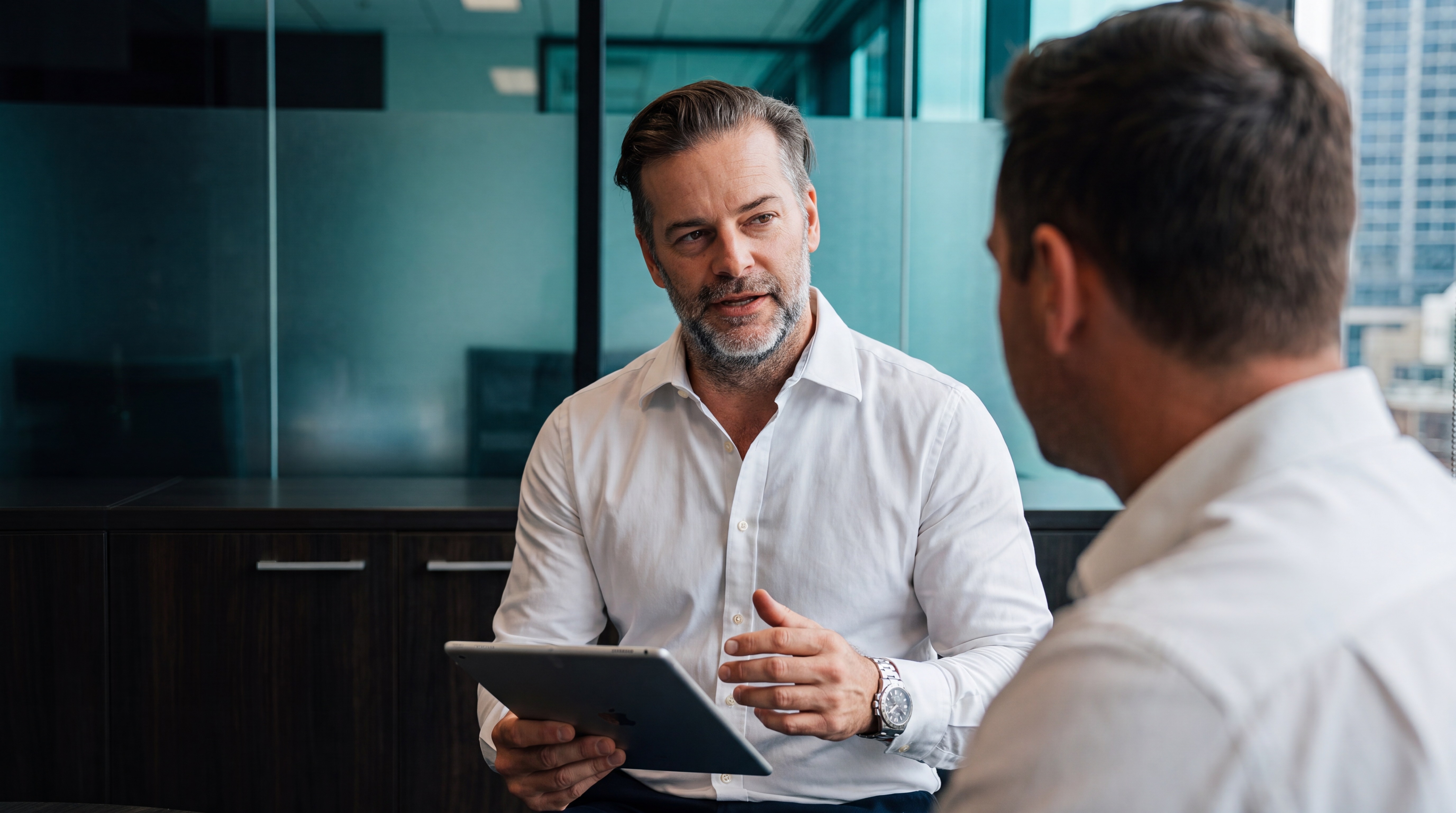 A chartered accountant discussing strategy with a client during an iKeep session